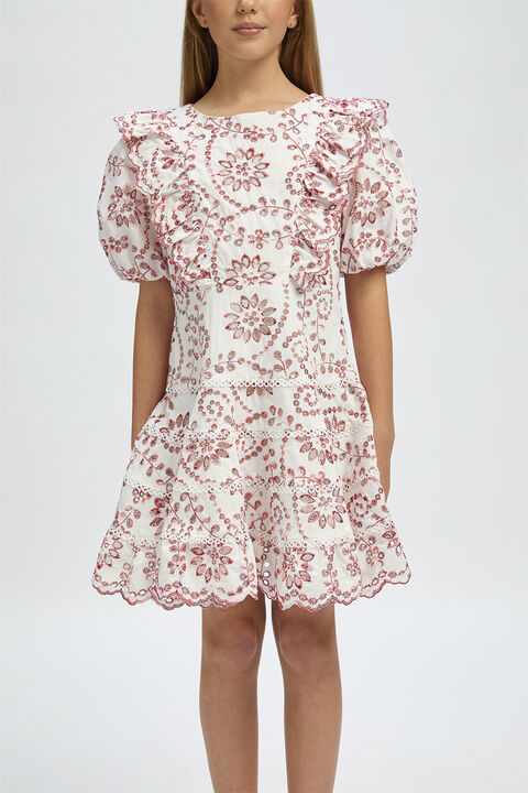 GIRLS AMEILA BRODERIE DRESS in colour POINSETTIA