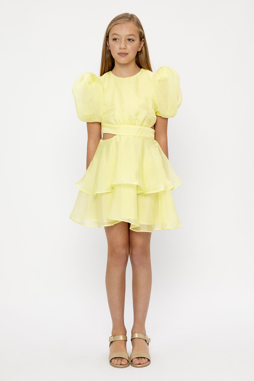 GIRLS ENYA ORGANZA MINI DRESS in colour BUTTERCUP