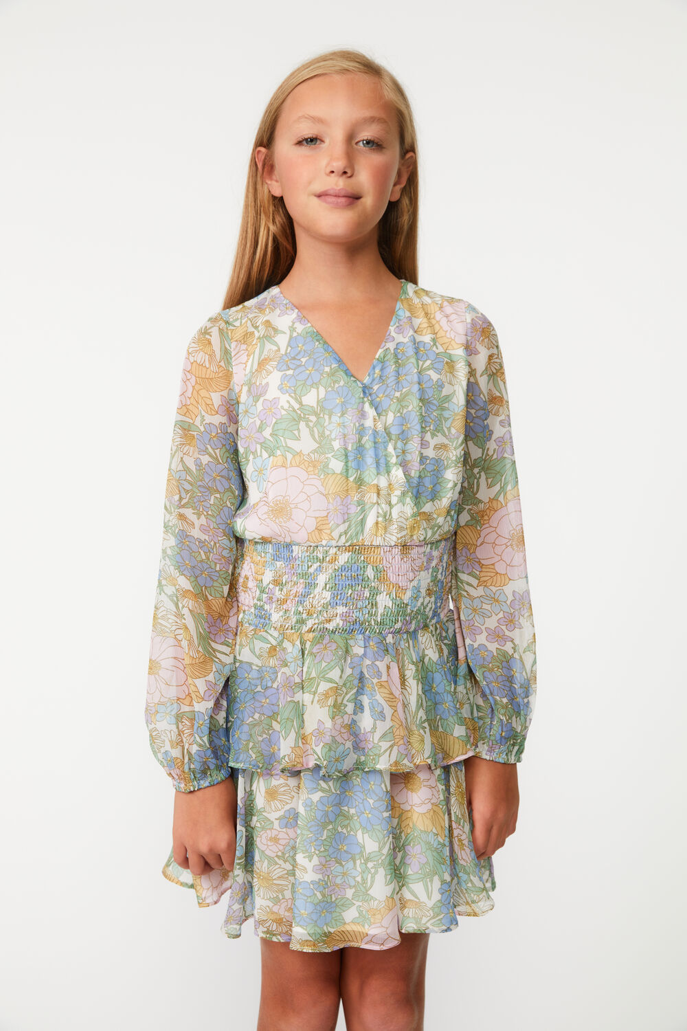 GIRLS BELLA FLORAL SHIRRED DRESS in colour DRESS BLUES