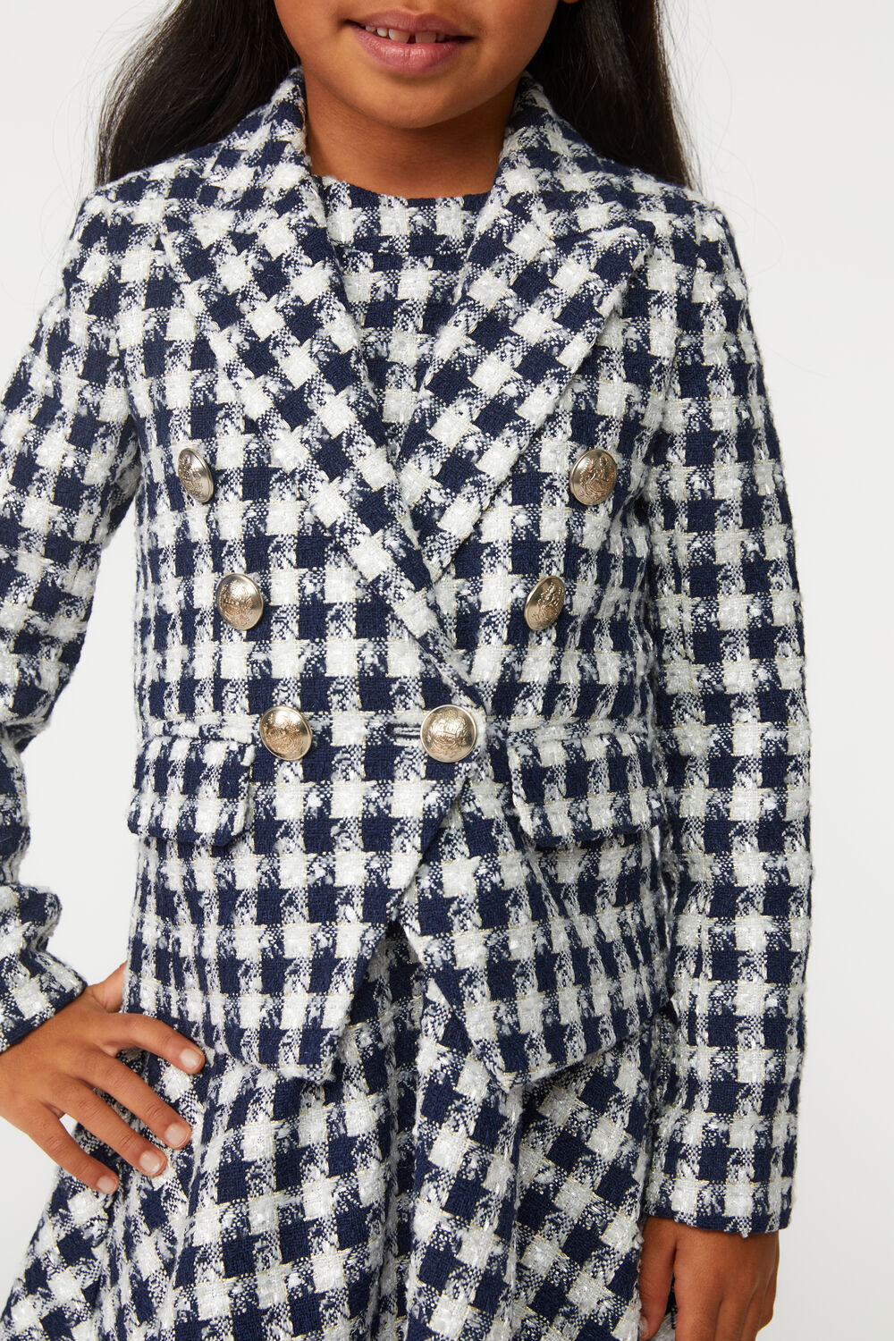Girls CHECK BOUCLE BLAZER in colour DRESS BLUES