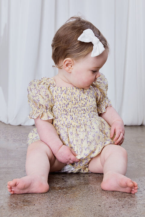 BABY GIRL SHIRRED DITSY FLORAL GROW in colour PASTEL YELLOW