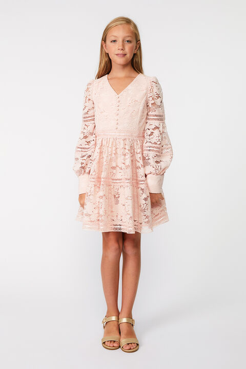 GIRLS VENICE LACE MINI DRESS in colour SOFT PINK