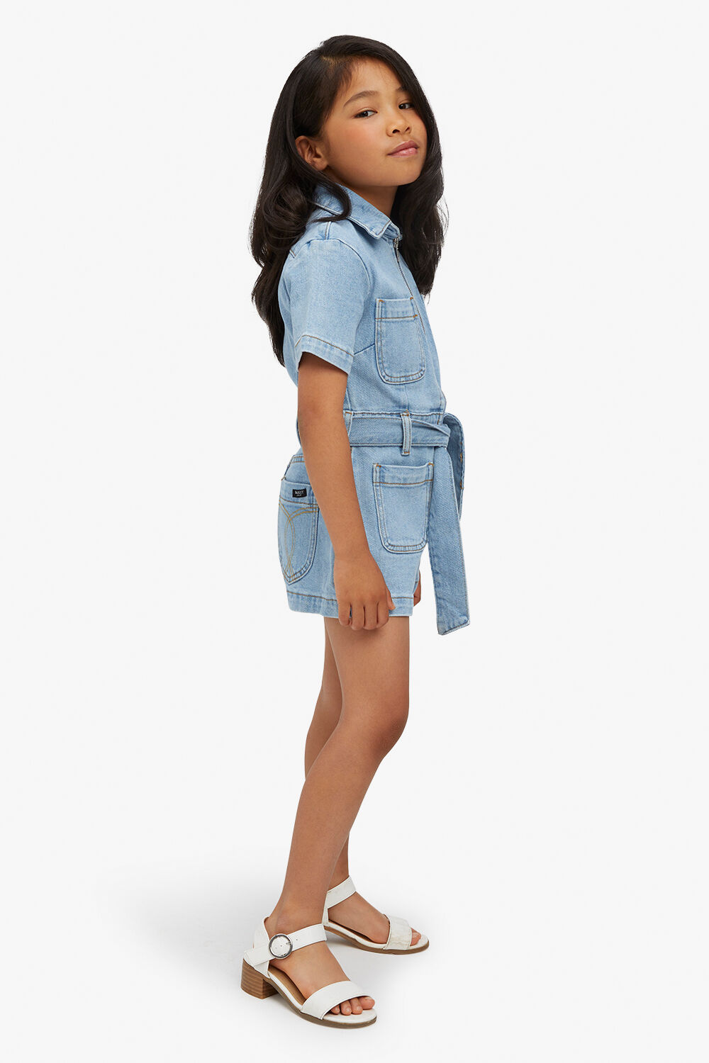 Girls The Denim Zip Up Romper in Oxide Blue