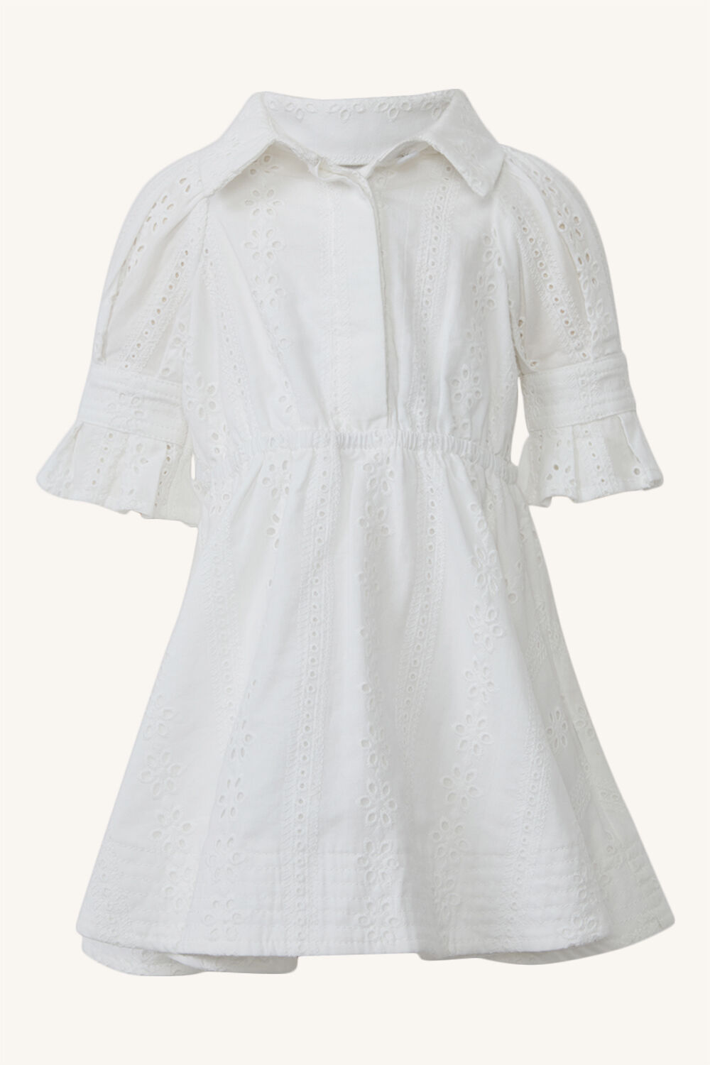 BABY GIRL MINI BROIDERIE DRESS in colour CLOUD DANCER