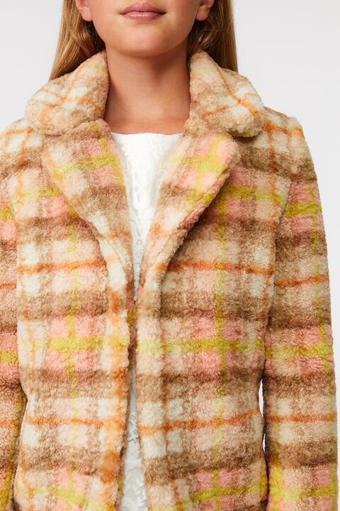 GIRLS CHECK FUR COAT in colour COCOA BROWN