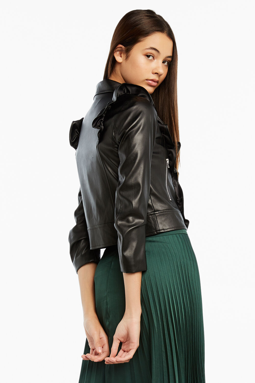 Tween Girl Chloe Vegan Leather Ruffle Jacket in Black (1000 x 1500 Pixel)