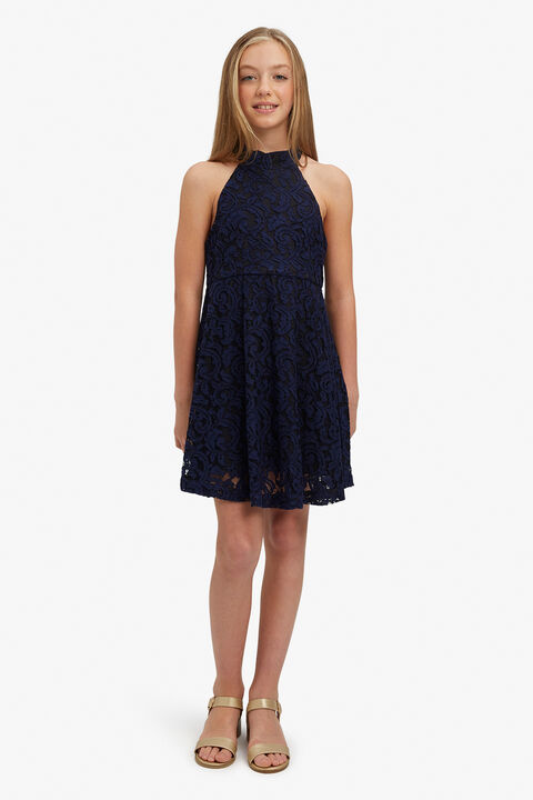 GIRLS VICTORIA ABSTRACT FLORAL LACE DRESS in colour BLACK IRIS