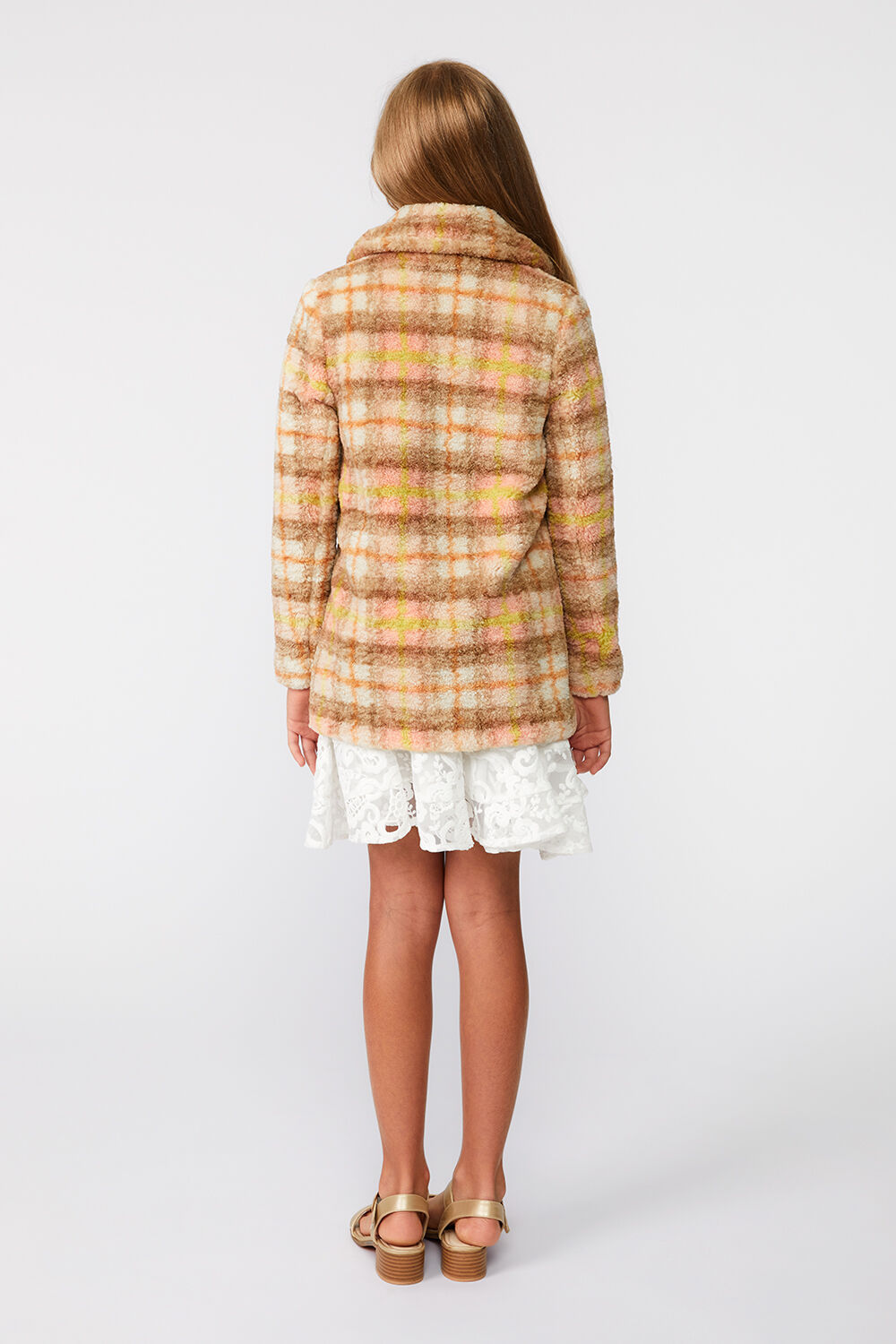 GIRLS CHECK FUR COAT in colour COCOA BROWN