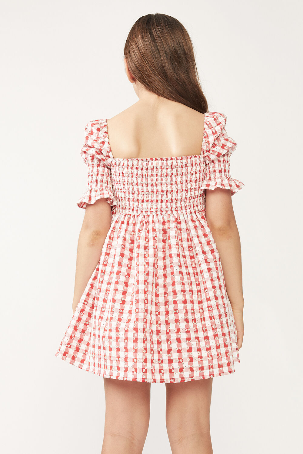Tween Girl Gingham Shirred Dress in 