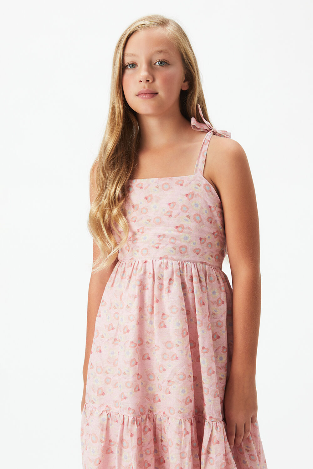 GIRLS TIERED FLORAL MAXI DRESS  in colour PEACH WHIP
