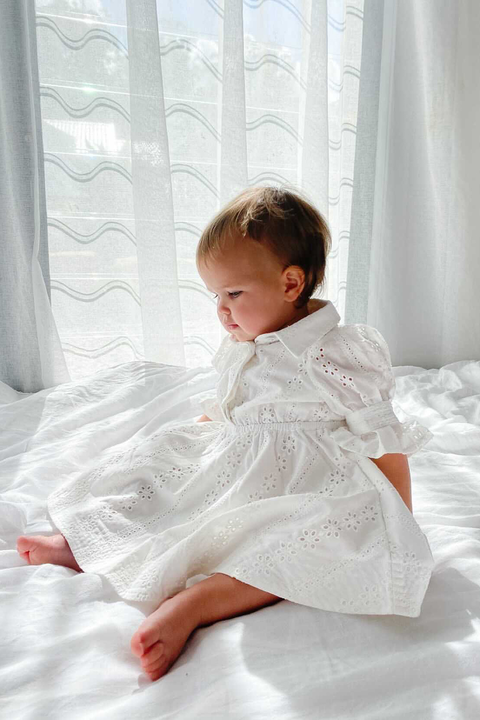 BABY GIRL MINI BROIDERIE DRESS in colour CLOUD DANCER