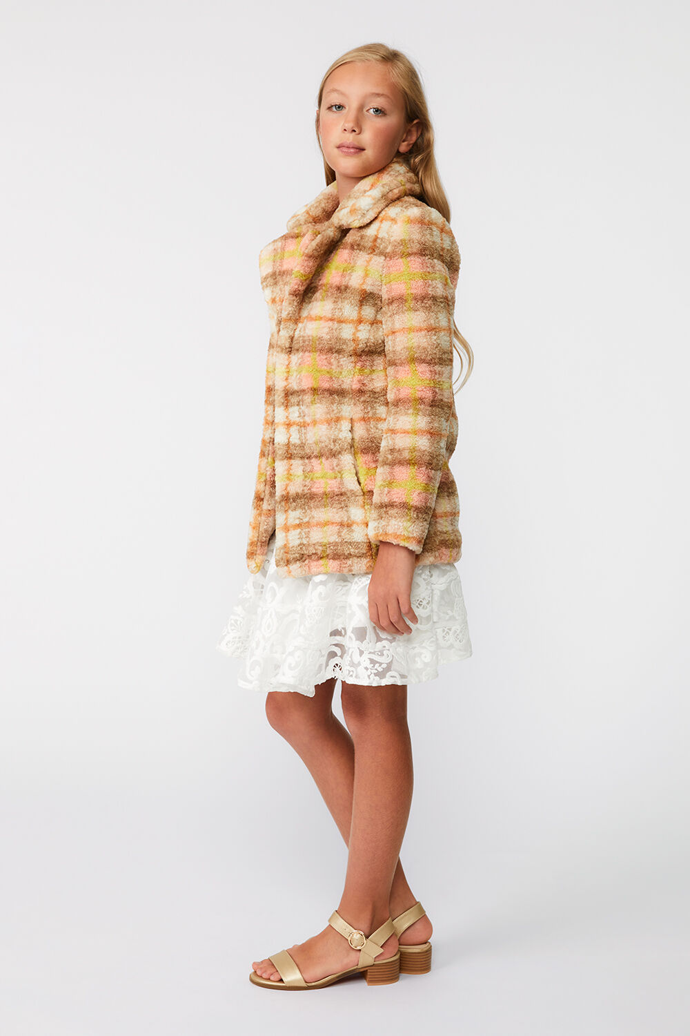 GIRLS CHECK FUR COAT in colour COCOA BROWN