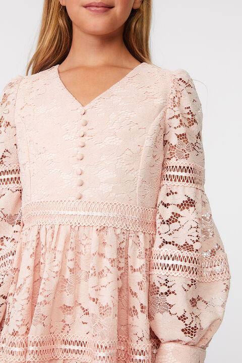 GIRLS VENICE LACE MINI DRESS in colour SOFT PINK