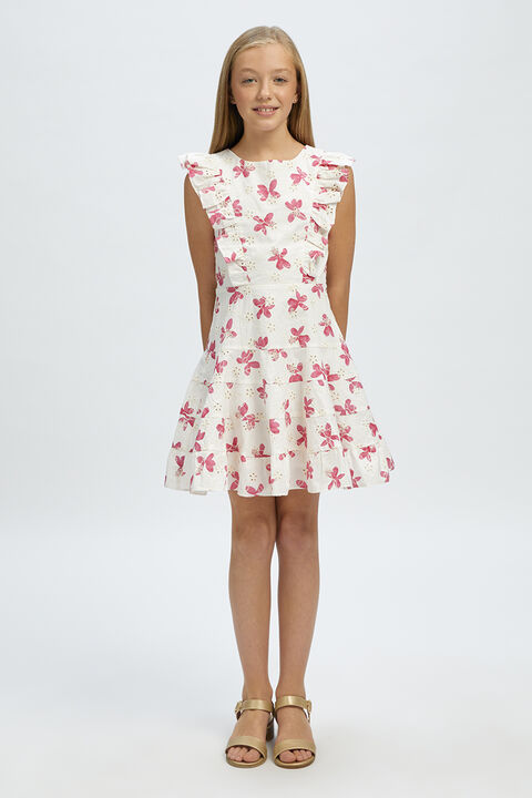 GIRLS SADIE BRODERIE MINI DRESS in colour WILD ORCHID
