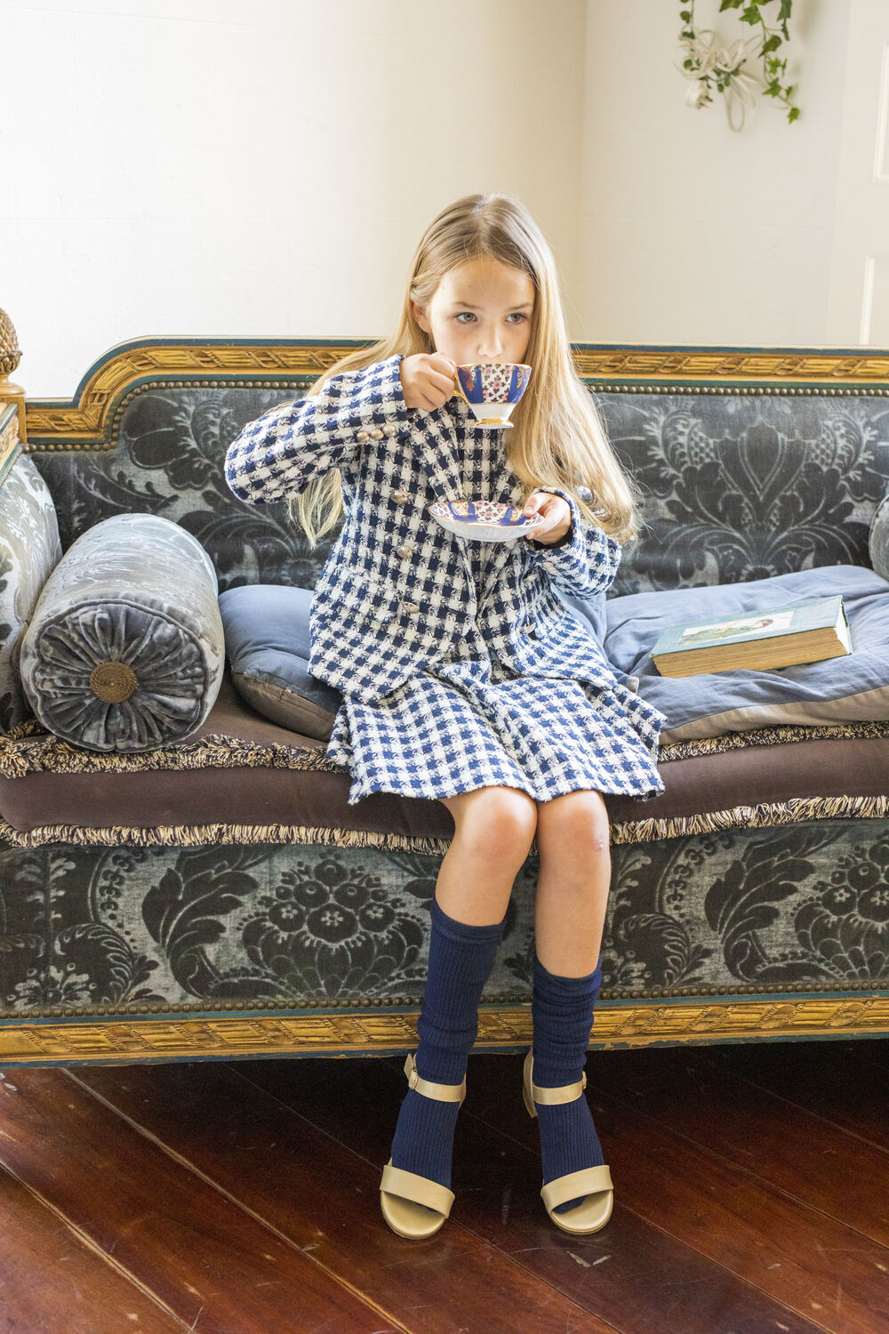 Girls CHECK BOUCLE BLAZER in colour DRESS BLUES