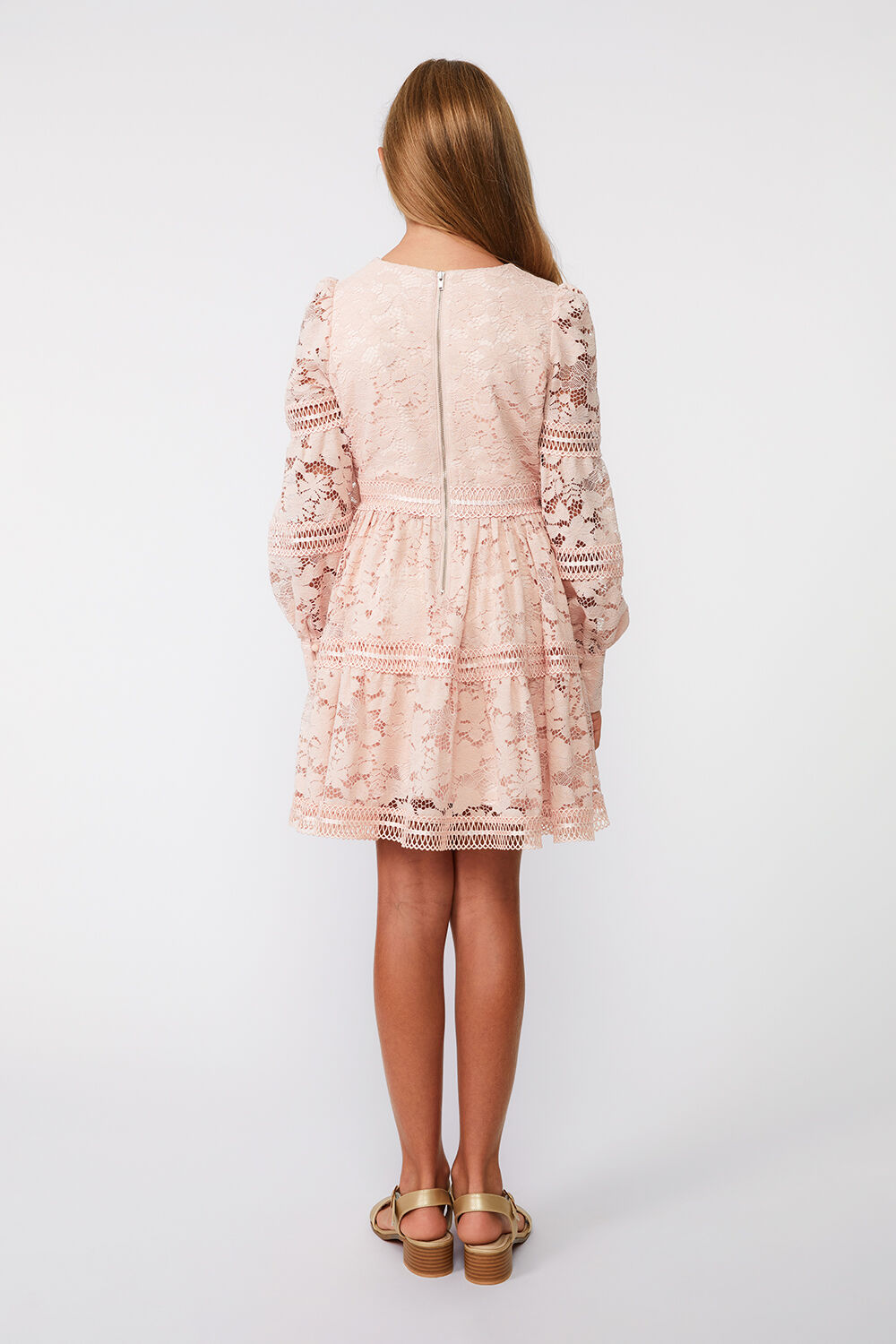 GIRLS VENICE LACE MINI DRESS in colour SOFT PINK