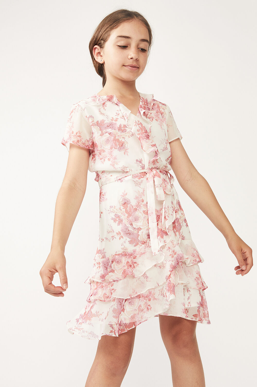 JUNIOR GIRL TRIPLE FRILL FLORAL DRESS in colour ROSEWATER