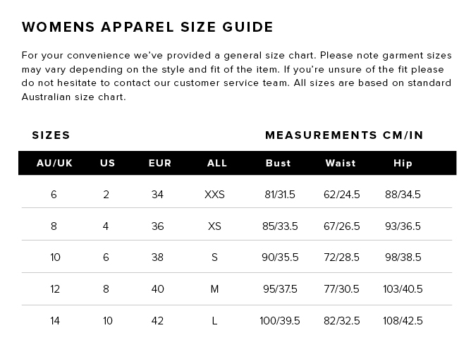 Bardot Womens Apparel Size Guide Measurements